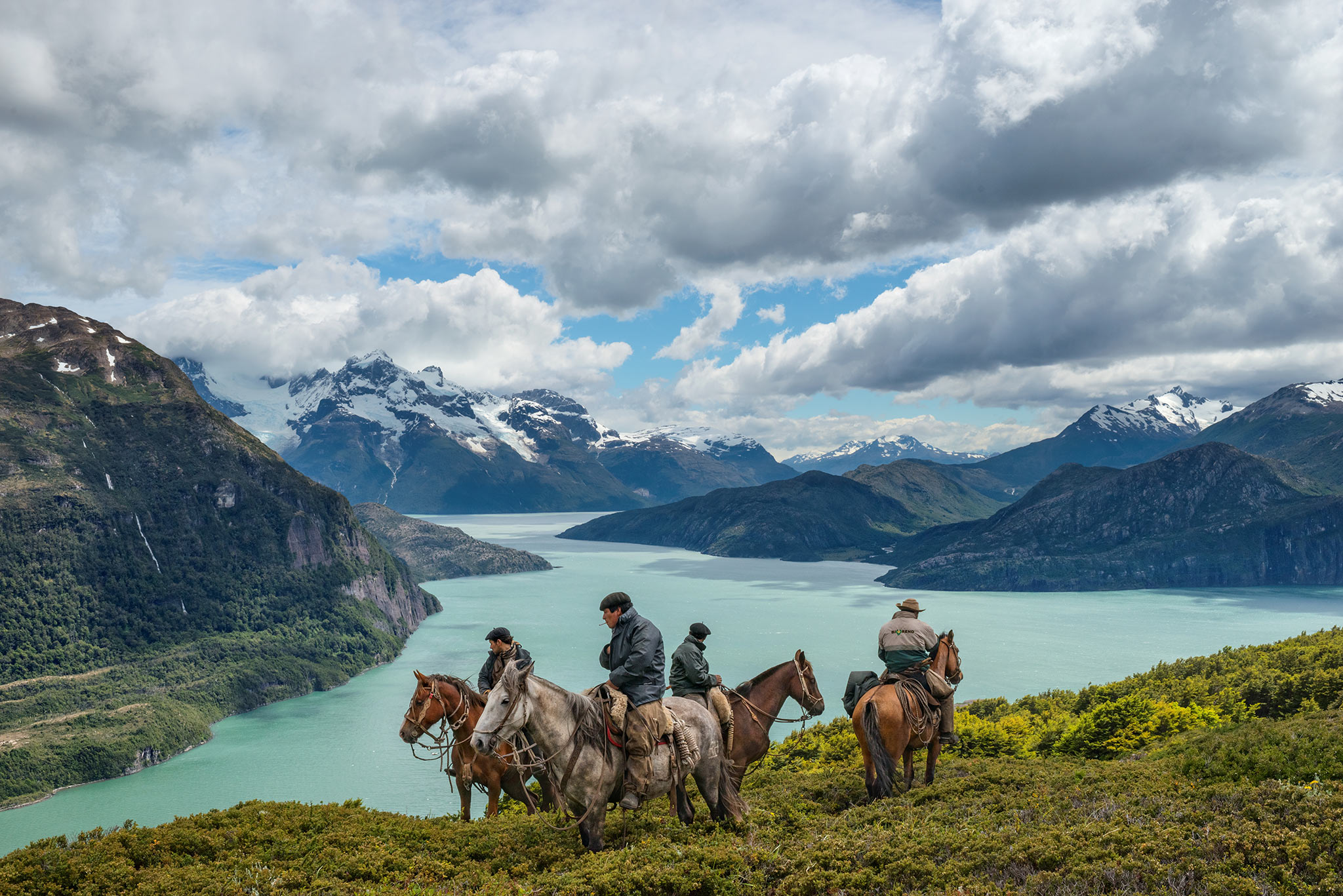 Sebastian Garcia (left), Jorge Vidal (left center), Dario Muñoz (center right) and Abelino Torres (right) gather after most of their dogs run far away following animals, so they have to go back now and try to meet them below, in Sutherland. The sea belongs to Fiord Ultima Esperanza, and the glacier is Balmaceda, seen from Peninsula Antonio Varas, Chilean Patagonia. January 12, 2014.