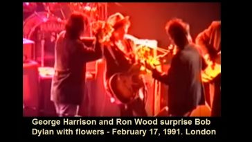 George Harrison and Ron Wood surprise Bob Dylan with flowers - February 17, 1991. London