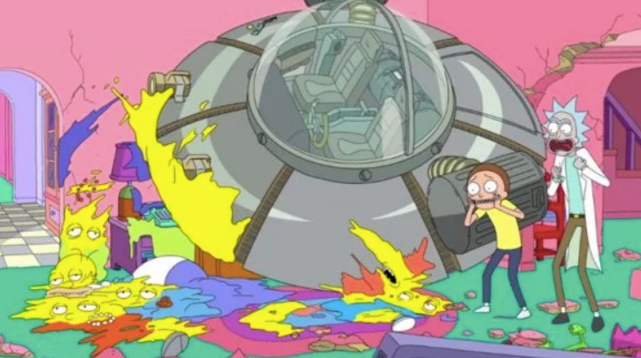 Even in the introduction scene of an episode of The Simpsons, Rick's spacecraft dives in.