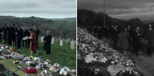 Queen Elizabeth II laying down memorial wreaths for those who died in the Aberfan disaster