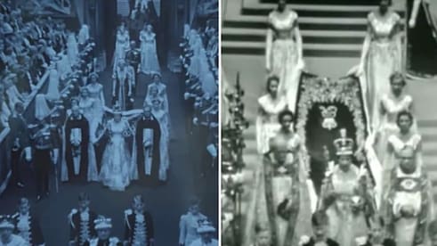 Queen Elizabeth II wears the imperial crown and carries the royal scepter after her coronation.