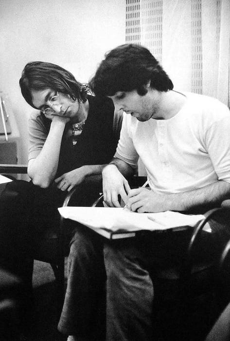 John and Paul together in Apple Studios, London, photographed by Linda McCartne