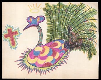 15 Original Jimi Hendrix Own Hand Drawings an Paintings 3 2- Drawings by Jimi Hendrix , a psychedelic peacock with a halo and cross