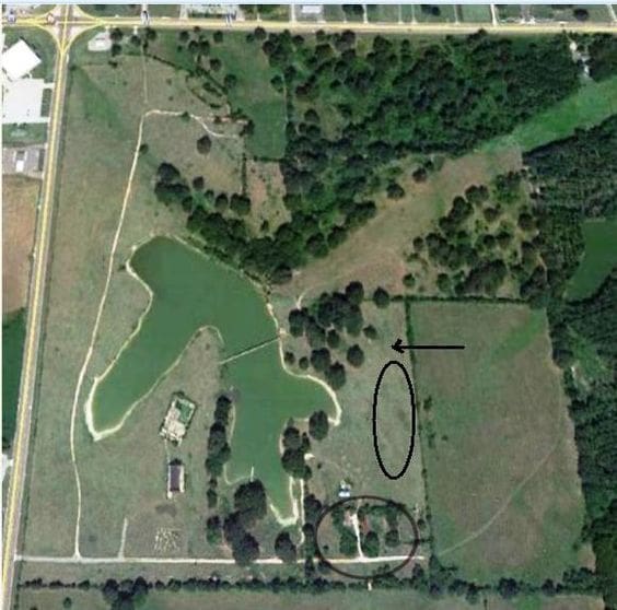 This is an aerial view taken some years after Elvis owned the Circle G. The ranch house is essentially hidden by tree cover at the top left of the picture.