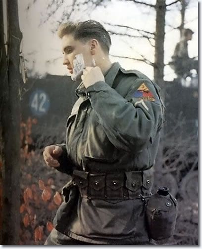 Private First Class Elvis Presley (24) in the US Army, Germany, 1959. Note the 42 in the background. The age at which he would die on August 16, 1977.