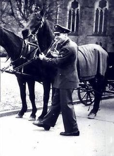 Private first class Elvis Presley enjoying his first rank in the army smiles while with two horses