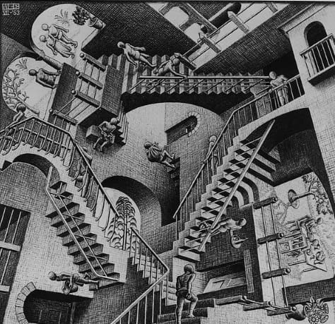 The stairs are inspired by the Relativity work of Dutch painter M.C. Escher.