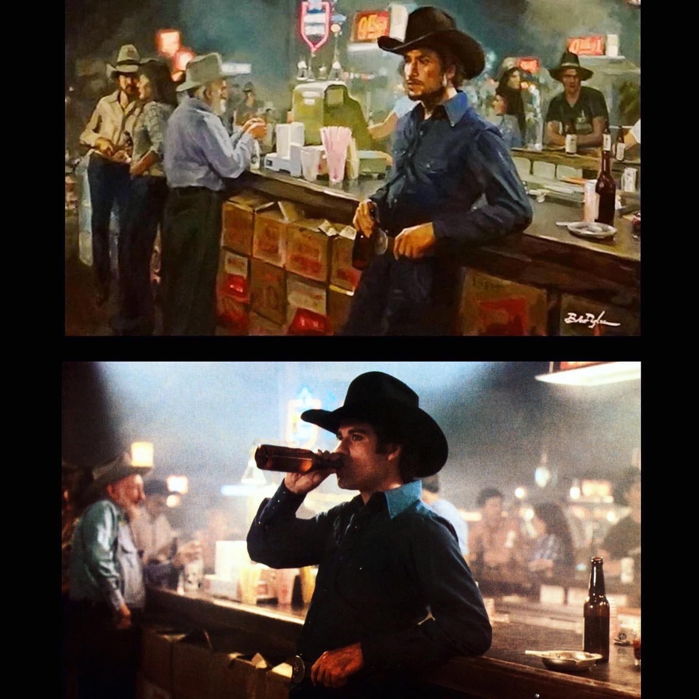 What do you think is up with the facial hair that Bob Dylan added to John Travolta in his painting based on a scene from Urban Cowboy?