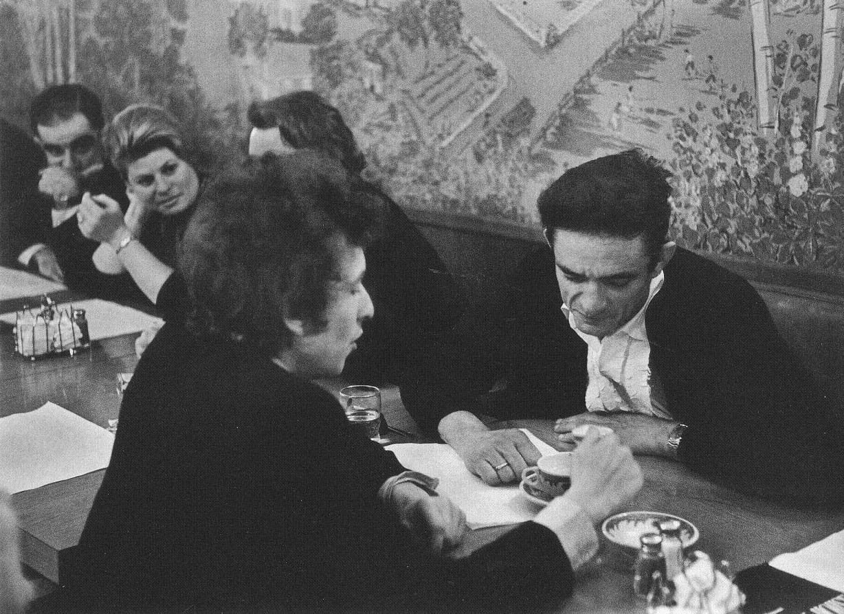 Bob Dylan and Johnny Cash, said to be in a Chinese restaurant after a concert