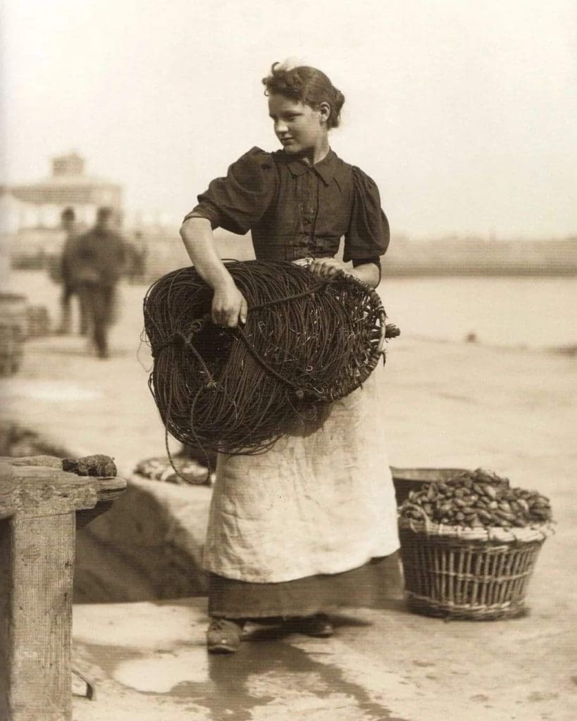 Fetching in the Lines. Lizzie Alice Hawksfield, Whitby, North Yorkshire, England. Late 1880′s.
