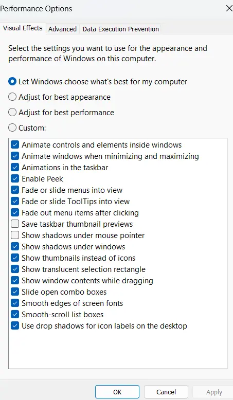 Adjust the appearance and performance of Windows
