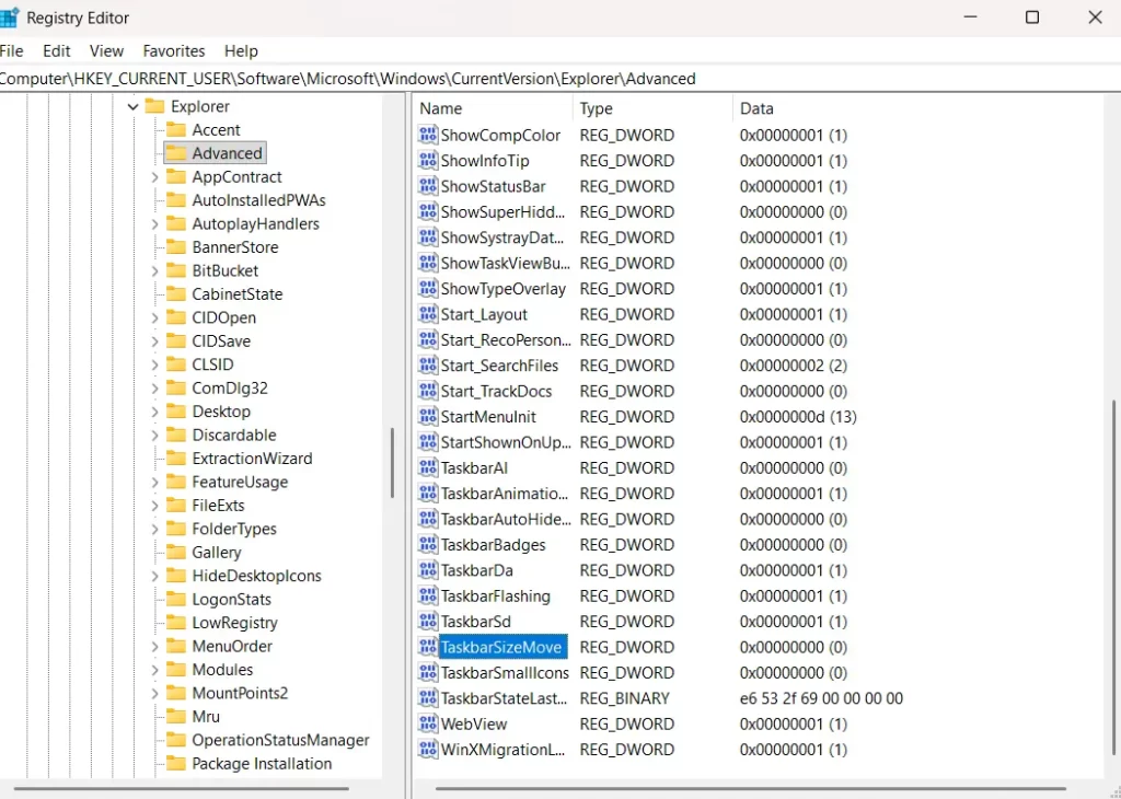 Change Taskbar Size Using Registry Editor