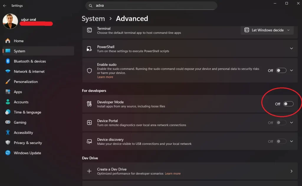 Developer Settings Windows 11
