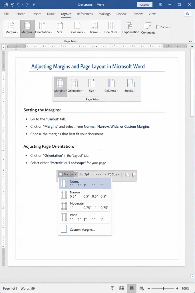 How can I adjust margins and page layout