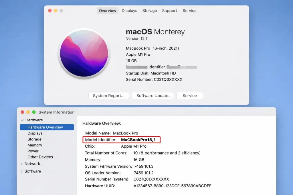 Can You Replace a MacBook SSD? Here's the Real Answer 2 About This Mac window showing the Model Identifier field in System Report