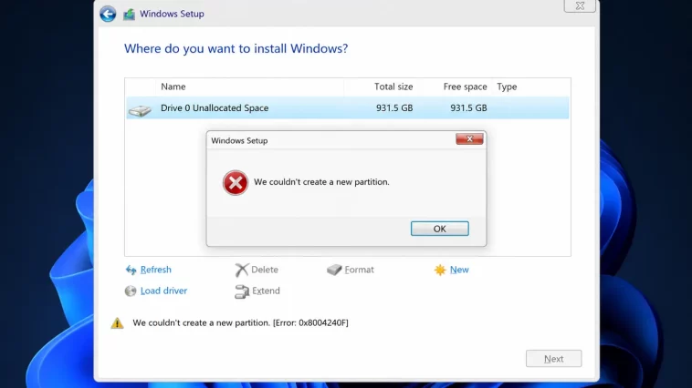 Couldn't Create a New Partition