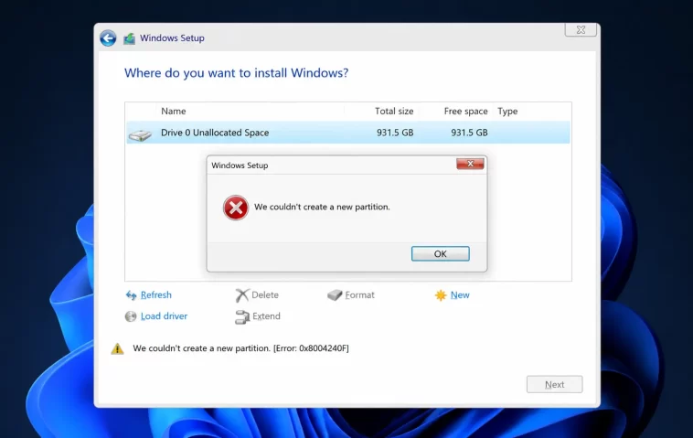 Couldn't Create a New Partition