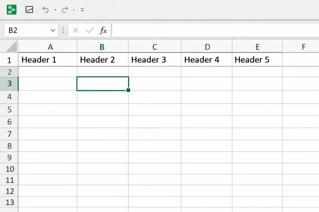 How to Freeze Panes in Excel to Keep Rows and Columns Visible 2 Excel worksheet with cell B2 selected, showing row 1 and column A as the intended header area