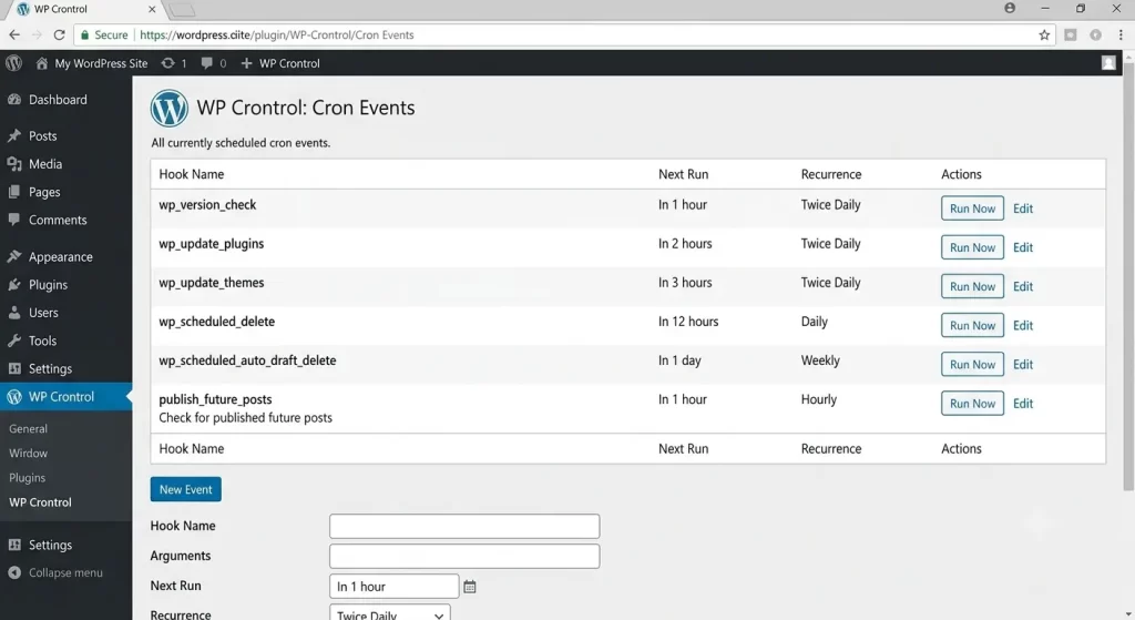 WP Crontrol events list showing scheduled hooks, their next run time, and recurrence interval