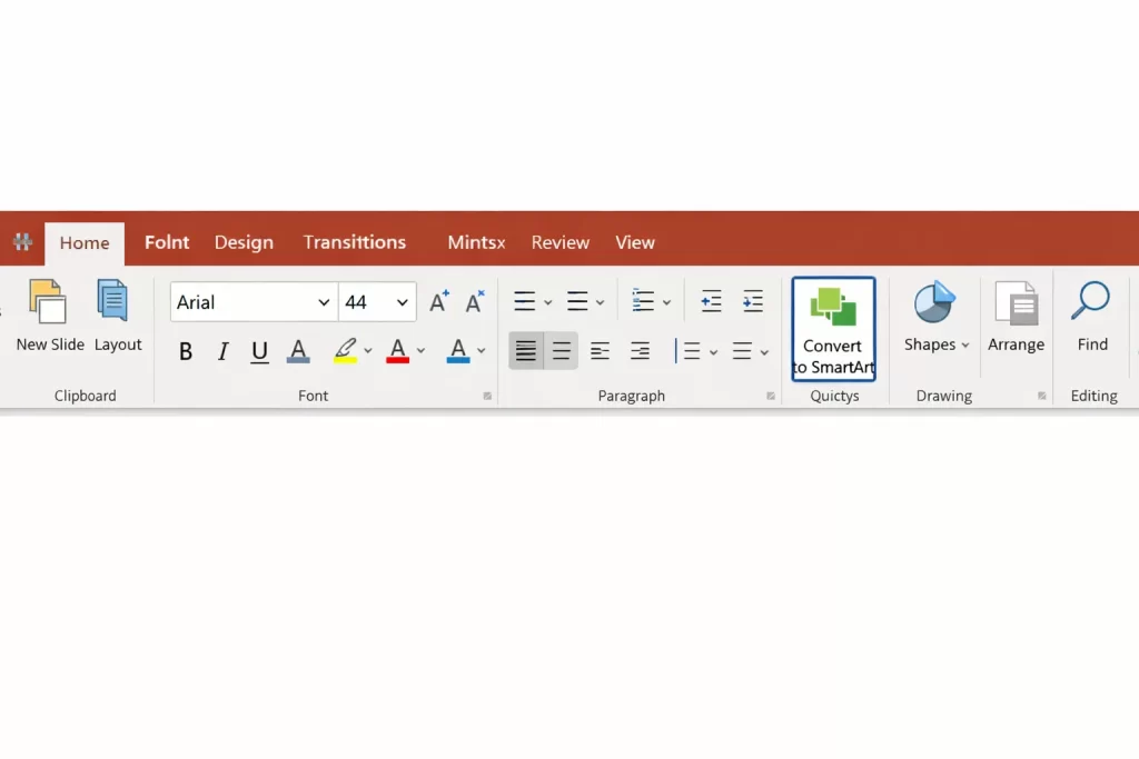 How to Convert Bullet Points to SmartArt in PowerPoint 2 PowerPoint ribbon with the Convert to SmartArt button highlighted in the Paragraph group