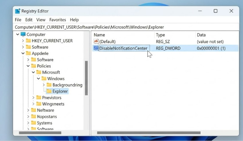 Fix Windows 11 Notification Center Not Opening 2 Registry Editor showing the Explorer policy key