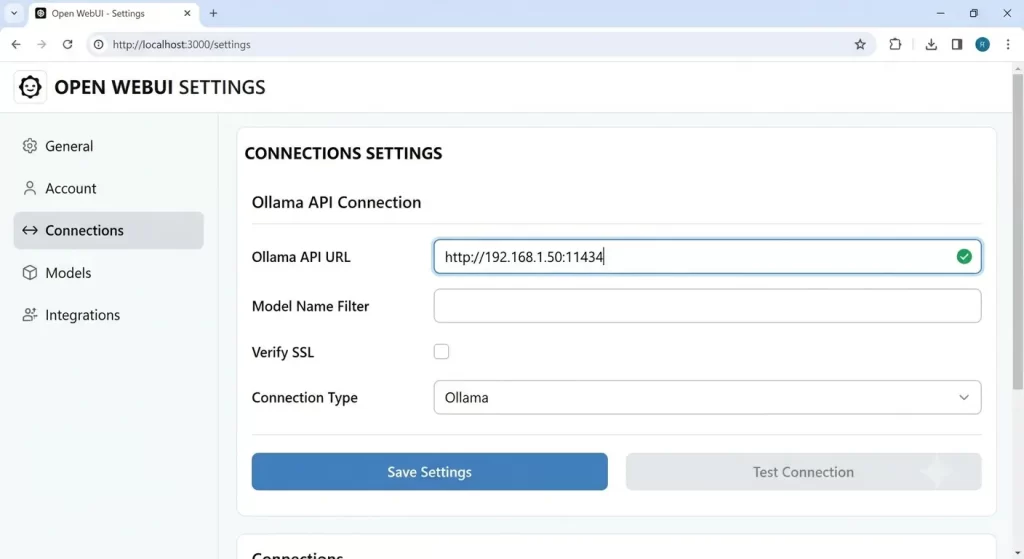 How to Share Ollama Models Across Multiple PCs on a Local Network 2 Screenshot of Open WebUI settings page showing the Ollama API URL field filled with a local network IP address