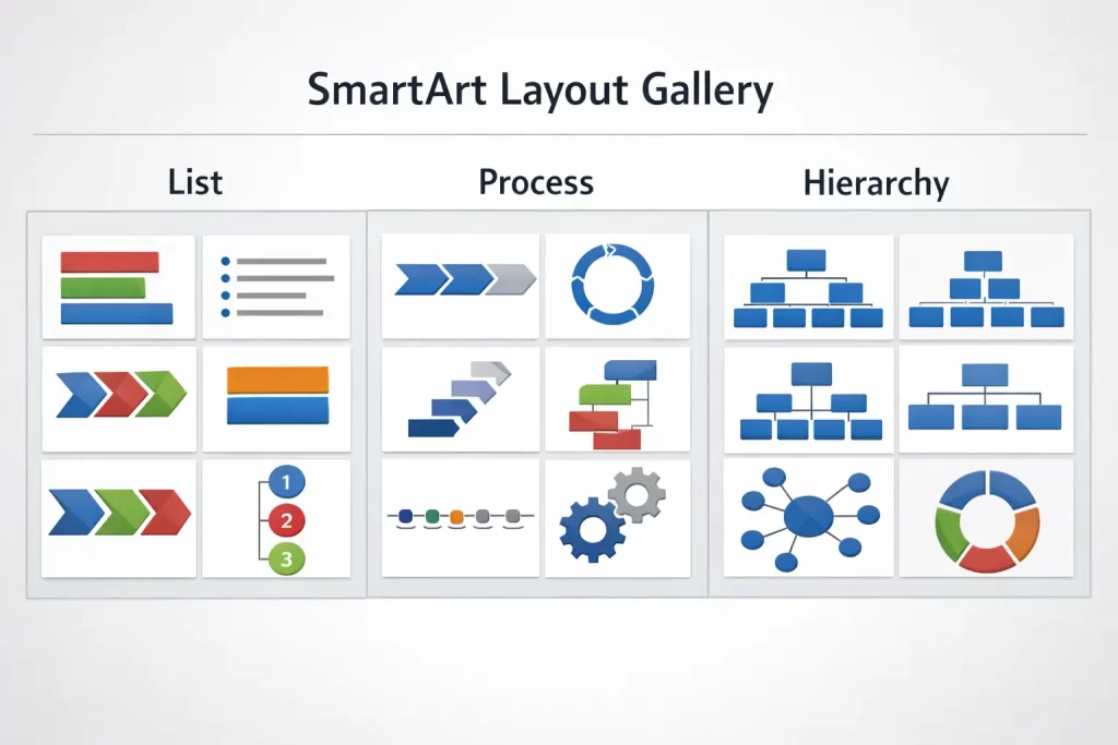 How to Convert Bullet Points to SmartArt in PowerPoint 3 SmartArt layout gallery showing List, Process, and Hierarchy categories side by side