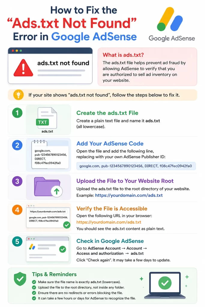 How to Fix the "Ads.txt Not Found" Error in Google AdSense (Fast Track) 1 How to Fix the Ads.txt Not Found Error in Google AdSense