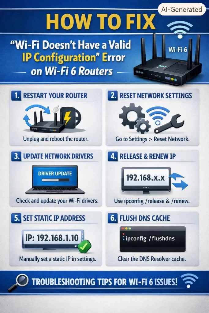 How to Fix "Wi-Fi Doesn't Have a Valid IP Configuration" Error on Wi-Fi 6 Routers 1 Wi-Fi Doesn't Have a Valid IP Configuration
