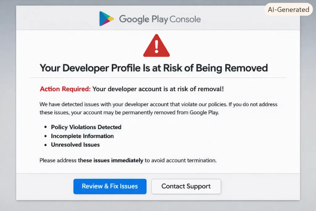 Fix "Your Developer Profile Is at Risk of Being Removed" in Google Play Console 1 Your Developer Profile Is at Risk of Being Removed