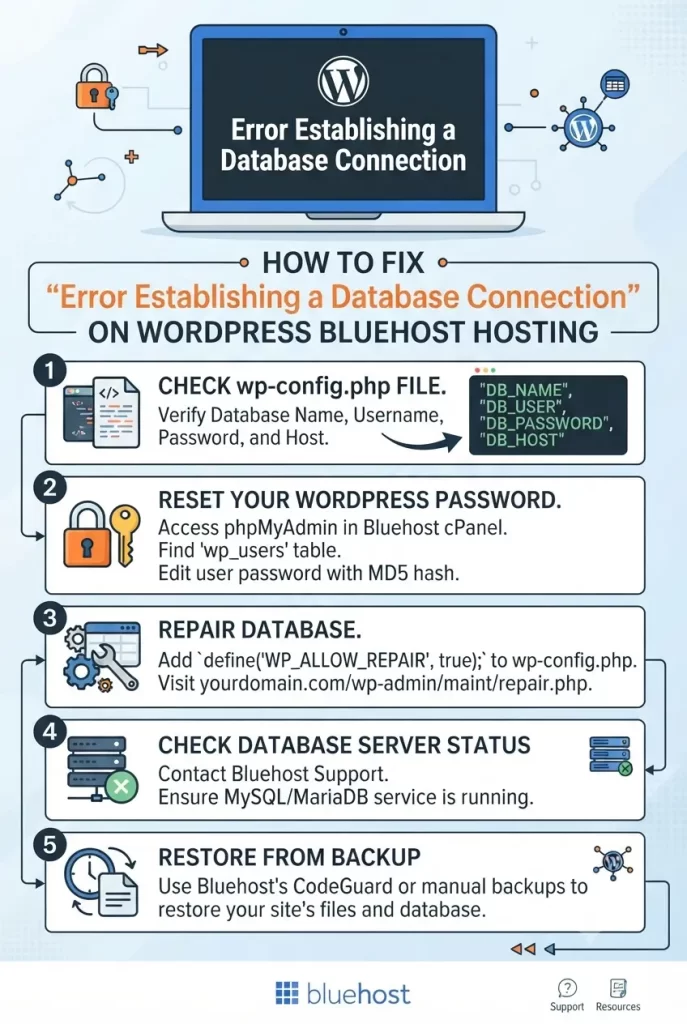 How to Fix "Error Establishing a Database Connection" on WordPress Bluehost Hosting 1 Error Establishing a Database Connection
